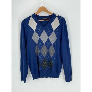Banana Republic V Neck Argyle Sweater Mens Size M Silk Cotton Cashmere Blue